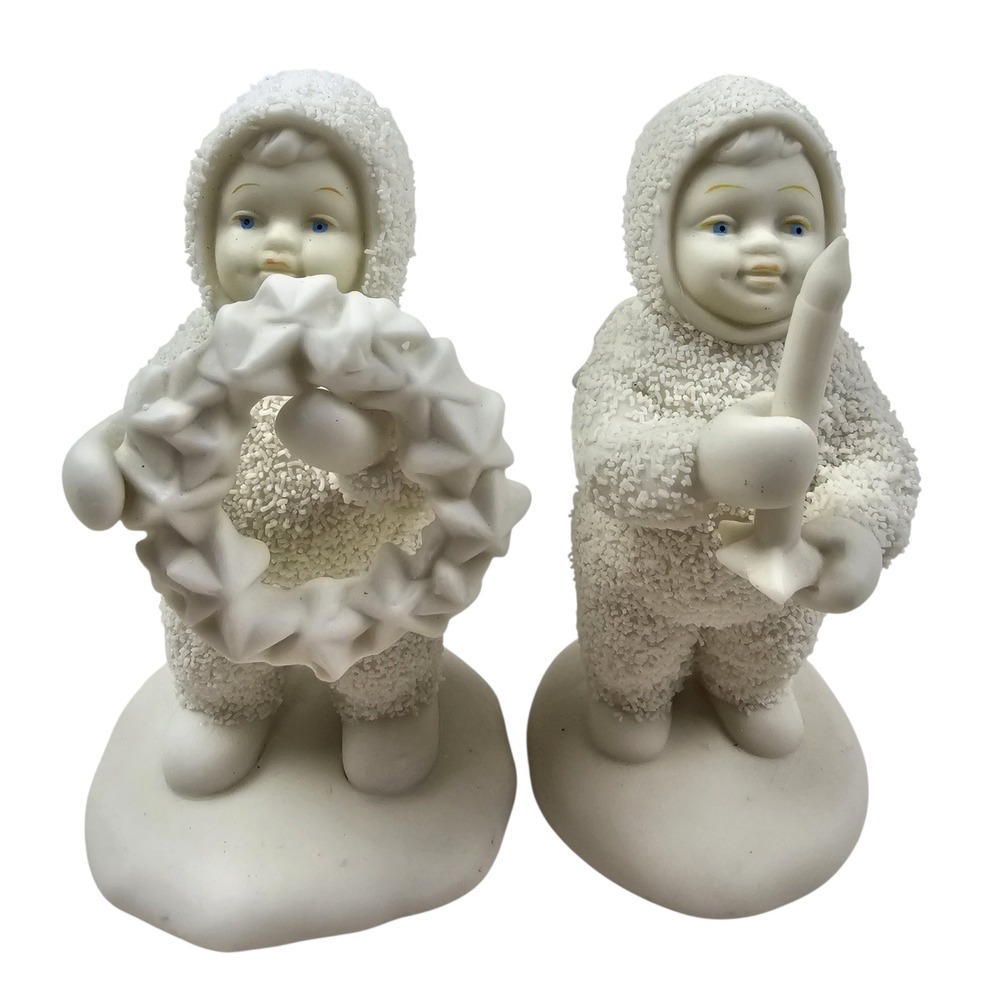 Dept 56 Snowbabies Figurine Set Wreath and Angel with Candle Bisque Porcelain